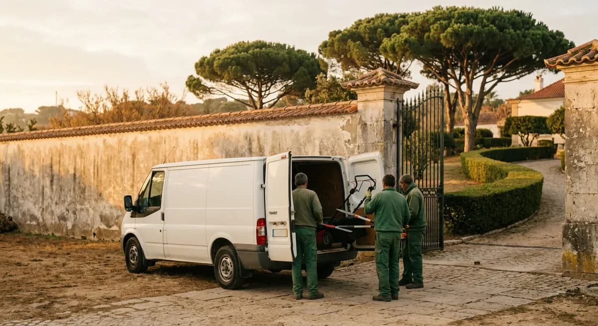 Equipa de jardinagem a carregar ferramentas para uma carrinha em frente a uma moradia em Cascais, de manhã cedo
