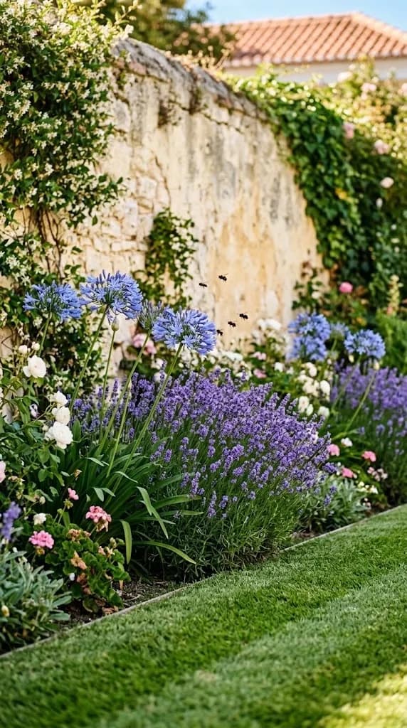 Canteiro de alfazema e agapantos em flor contra um muro de calcário