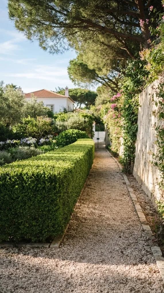 Sebe comprida e aparada ao longo de um caminho de jardim