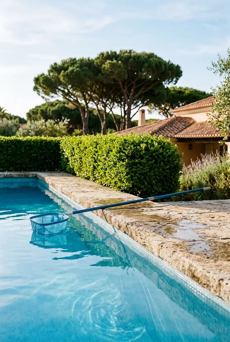 Piscina de água limpa com um apanha-folhas pousado na borda