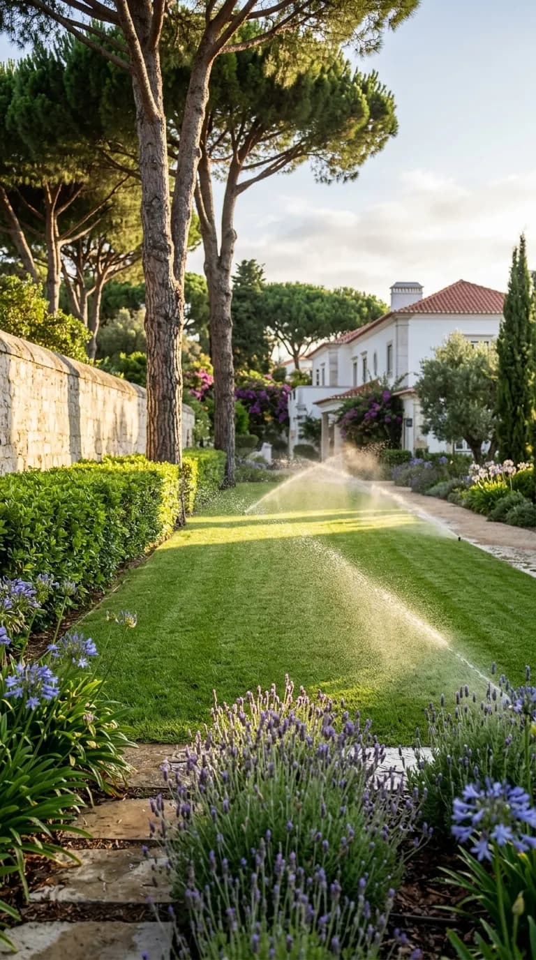 Jardim de moradia em Cascais, de manhã, com aspersores a regar o relvado à sombra dos pinheiros