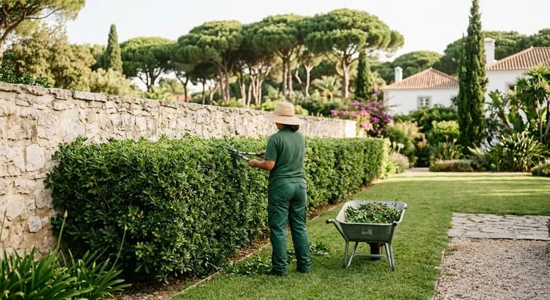 Jardineiro a aparar uma sebe junto a um muro de calcário num jardim de moradia em Cascais