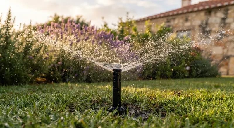 Aspersor escamoteável a regar um relvado ao amanhecer, com a água a apanhar a luz